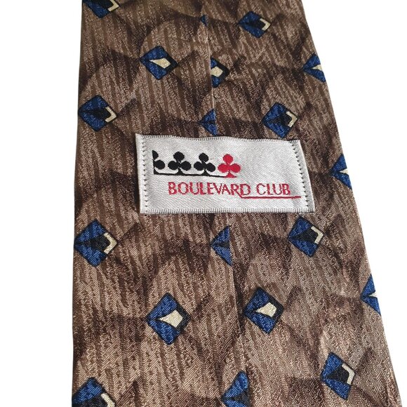 Boulevard Club Brown Blue Diamond Pattern Silk Tie Polyester Men Accessory Gift - Picture 4 of 5